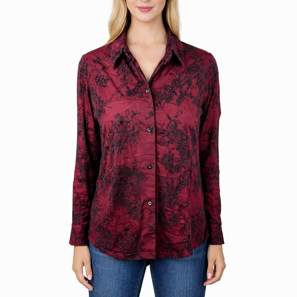 Coldwater Creek Red Button Shirt Black Sequin Mesh Top Elegant Party size XL